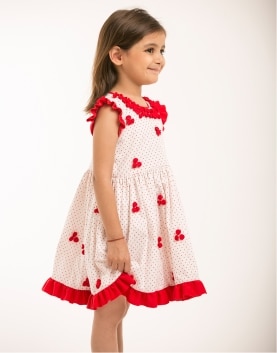 Red/White And Dotted Dress with Chiffon Flowers