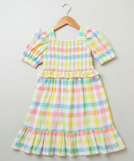 Cotton Checkered A Line Dress With Smoking Yoke