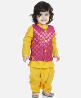 Cotton Dhoti Kurta with Jacket-Yellow