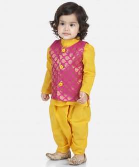 Cotton Dhoti Kurta with Jacket-Yellow