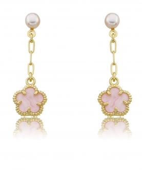 Paperclip Chain & Pink Mother Of Pearl Flower Dangle Earring