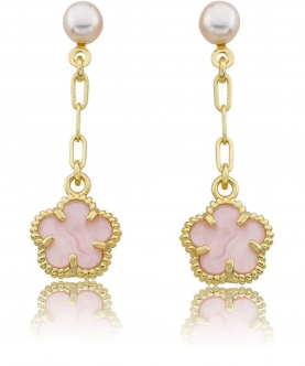 Paperclip Chain & Pink Mother Of Pearl Flower Dangle Earring