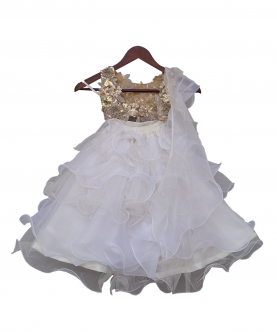Beige Choli with White Organza Lehenga