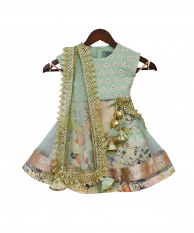 Sea Green Embroidered Choli With Printed Lehenga