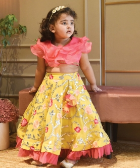 Pink Organza Frill Top And Yellow Embroidery Lehenga