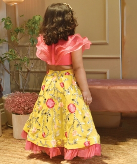 Pink Organza Frill Top And Yellow Embroidery Lehenga