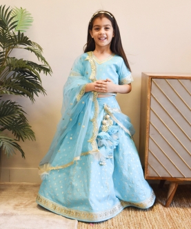 Blue Chanderi Choli With Lehenga