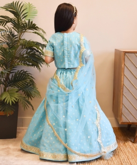 Blue Chanderi Choli With Lehenga