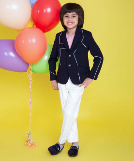 Navy Blue Blazer With White Stripe Abstract Detailing With Off White Pants