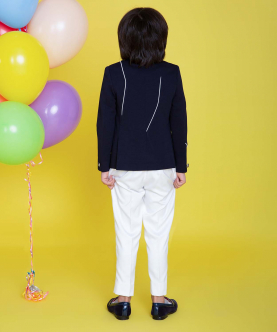 Navy Blue Blazer With White Stripe Abstract Detailing With Off White Pants