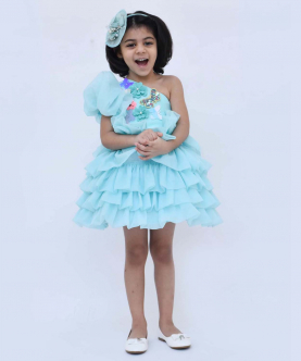 Blue Organza One Off Shoulder Style Frock
