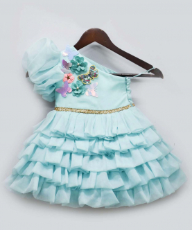 Blue Organza One Off Shoulder Style Frock