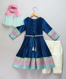 Blue Velvet Embroidered Anarkali Pants With Net Dupatta