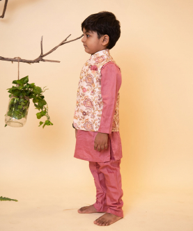 Peach Kurta Set With Printed Half Jacket