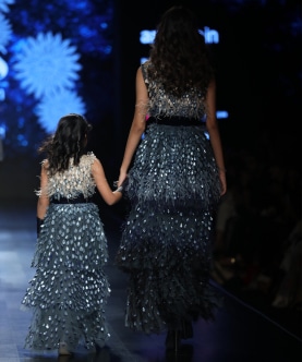 Grey Ombre Layered Mesh Pleated Gown