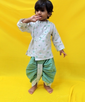 Offwhite And Green Angrakha Kurta With Dhoti Set 