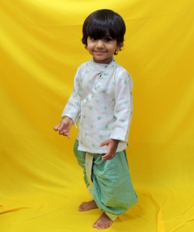 Offwhite And Green Angrakha Kurta With Dhoti Set 