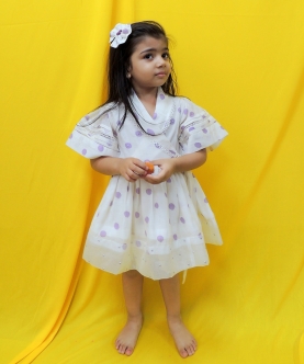 Offwhite And Purple Polka Handblock Printed Dress