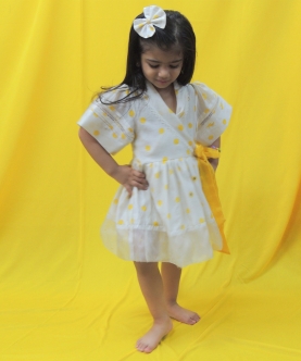 Offwhite And Yellow Polka Handblock Printed Dress
