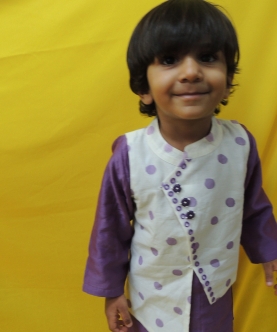 Offwhite & Purple Polka Dot Handblock Jacket Kurta Set 